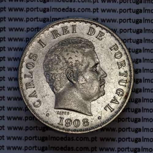 Portugal, silver coin of 500 réis 1908 of D. Carlos I, (VF+), World Coins Portugal KM 535