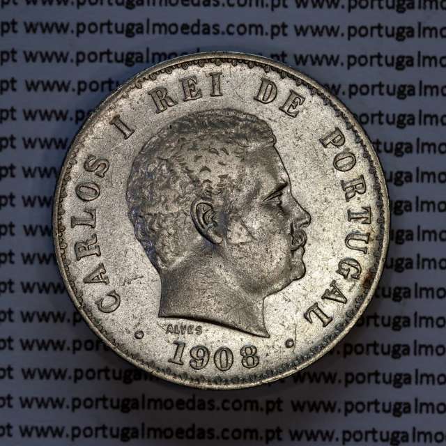 500 réis 1908 prata D. Carlos I, cinco tostões prata 1908 reinado D. Carlos I, (MBC+), World Coins Portugal KM 535