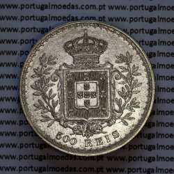 500 réis 1908 prata D. Carlos I, cinco tostões prata 1908 reinado D. Carlos I, (MBC+), World Coins Portugal KM 535