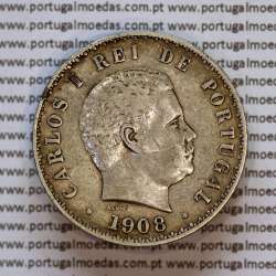 500 réis 1908 prata D. Carlos I, cinco tostões prata 1908 reinado D. Carlos I, (MBC+), World Coins Portugal KM 535