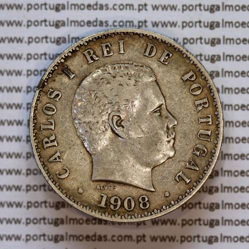 Portugal, silver coin of 500 réis 1908 of D. Carlos I, (VF+), World Coins Portugal KM 535