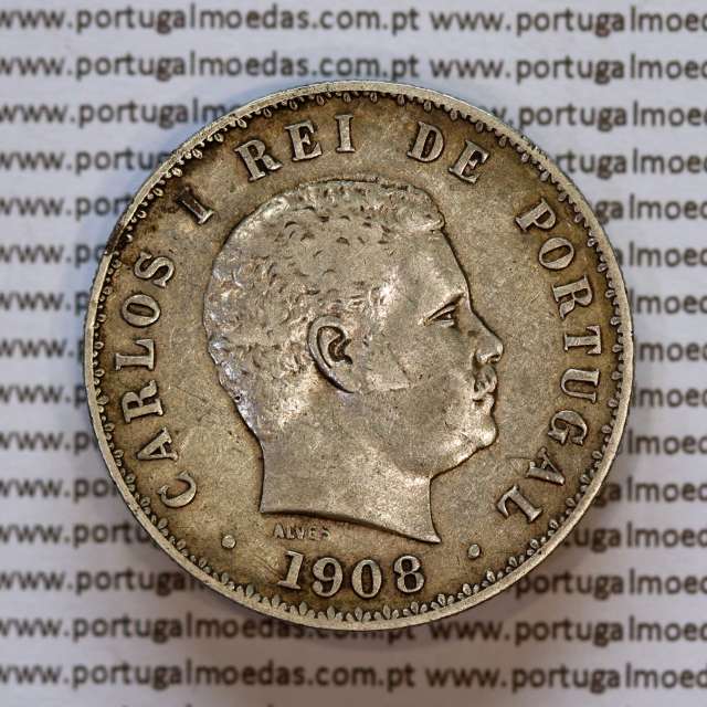 Portugal, silver coin of 500 réis 1908 of D. Carlos I, (VF+), World Coins Portugal KM 535