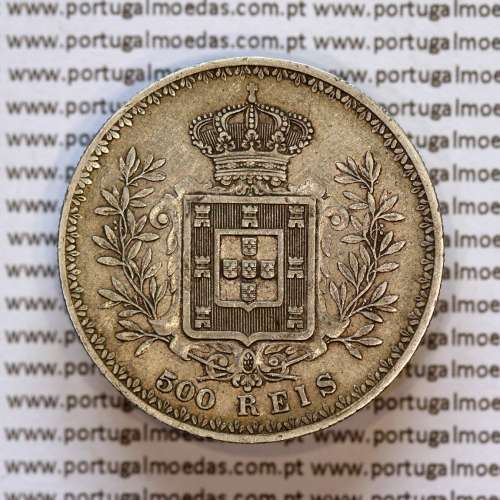 500 réis 1908 prata D. Carlos I, cinco tostões prata 1908 reinado D. Carlos I, (MBC+), World Coins Portugal KM 535