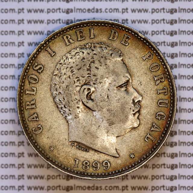 1000 réis 1899 prata D. Carlos I, dez tostões prata 1899 reinado D. Carlos I, (MBC+), World Coins Portugal KM 540