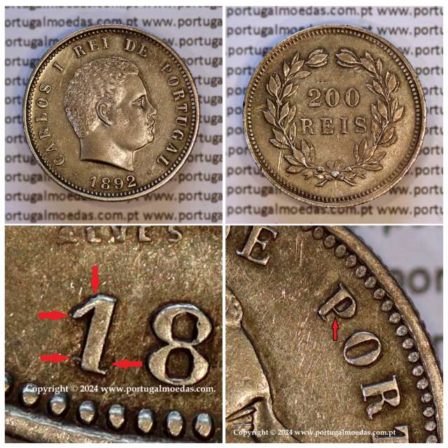 Portugal, silver coin of 200 réis 1892 of D. Carlos I, Variant of the number "1" retouched, (VF/XF), World Coins Portugal KM534