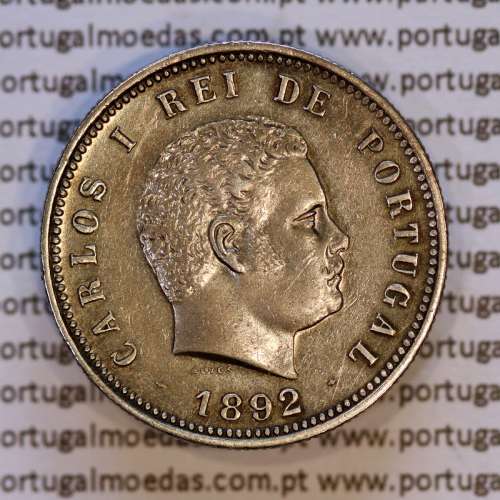 200 réis 1892 prata D. Carlos I, variante cunho com algarismo "1" retocado e "P" Fechado na legenda "PORTUGAL", KM 534