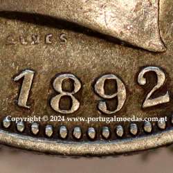 200 réis 1892 prata D. Carlos I, variante cunho com algarismo "1" retocado e "P" Fechado na legenda "PORTUGAL", (MBC+)
