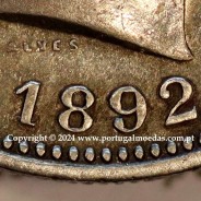 200 réis 1892 prata D. Carlos I, variante cunho com algarismo "1" retocado e "P" Fechado na legenda "PORTUGAL", (MBC+)