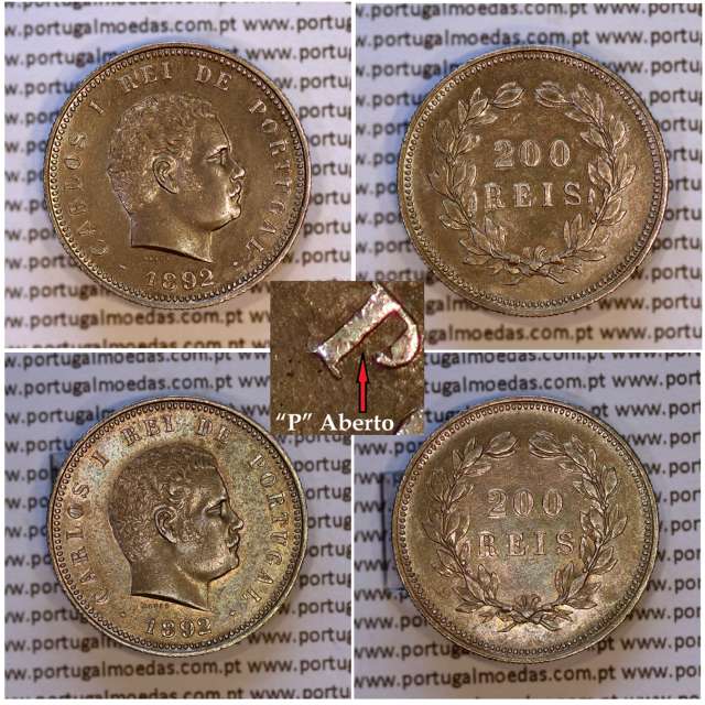 Portugal, 200 réis 1892 silver of D. Carlos I, uncatalogued variant of die with legend "Portugal", lyrics "P" open, KM 534