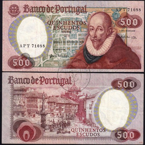 500 Escudos 1979 Francisco Sanches 04/10/1979, 500$00 Quinhentos Escudos 04/10/1979 Chapa:11 Banco de Portugal, (PC), Pick 177a