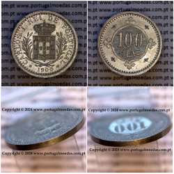 Ensaio de 100 réis 1900 alumínio eixo vertical e bordo liso, Ensaio Monetário do reinado de D. Carlos I, Muito Raro, (Soberba)