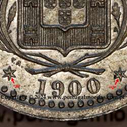 Ensaio de 100 réis 1900 alumínio eixo vertical e rebordo liso, Ensaio Monetário do reinado de D. Carlos I, Muito Raro, (Soberba)