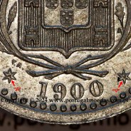 Ensaio de 100 réis 1900 alumínio eixo vertical e rebordo liso, Ensaio Monetário do reinado de D. Carlos I, Muito Raro, (Soberba)