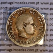 100 réis 1894 prata D. Carlos I, tostão prata 1894 reinado D. Carlos I, (BC), World Coins Portugal KM 531.