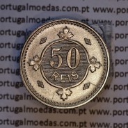 Copper-nickel coin of 50 réis 1900 of D. Carlos I, variant with stars flanking the date, with incuse letters ("A" 1900 "V").