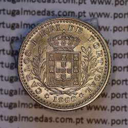 Copper-nickel coin of 50 réis 1900 of D. Carlos I, variant with stars flanking the date, with incuse letters ("A" 1900 "V").