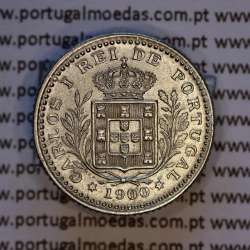 Copper-nickel coin of 50 réis 1900 of D. Carlos I, variant with stars flanking the date, with incuse letters ("A" 1900 "V").
