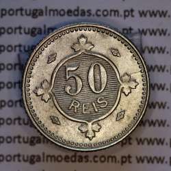 Copper-nickel coin of 50 réis 1900 of D. Carlos I, variant with stars flanking the date, with incuse letters ("A" 1900 "V").