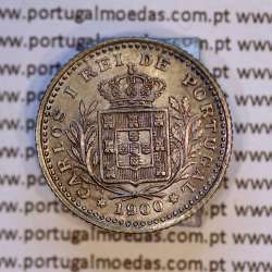 Copper-nickel coin of 50 réis 1900 of D. Carlos I, variant with stars flanking the date, with incuse letters ("V" 1900 "A").