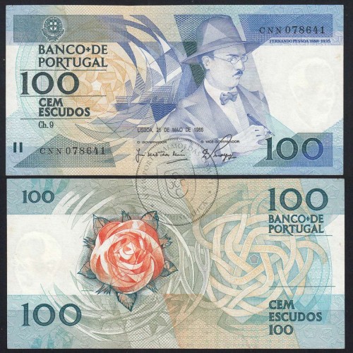 100 Escudos Fernando Pessoa 26.05.1988, One Hundred Escudos 26 May 1988 Plate 9 - Bank of Portugal, (QNC), Pick 179e