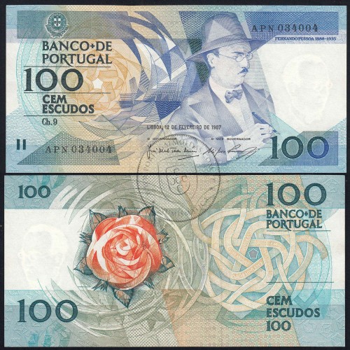 100 Escudos Fernando Pessoa 12.02.1987, One Hundred Escudos 12 february 1987 Plate 9 - Bank of Portugal, (QNC), Pick 179b