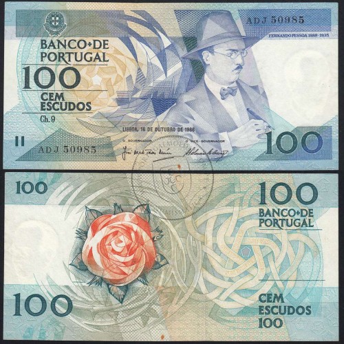 100 Escudos Fernando Pessoa 16.10.1986, One Hundred Escudos 16 october 1986 Plate 9 - Bank of Portugal, (QNC), Pick 179a