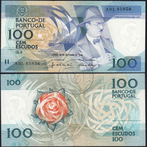 100 Escudos Fernando Pessoa 16.10.1986, One Hundred Escudos 16 october 1986 Plate 9 - Bank of Portugal, (QNC), Pick 179a