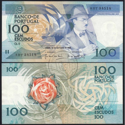 100 Escudos Fernando Pessoa 16.10.1986, One Hundred Escudos 16 october 1986 Plate 9 - Bank of Portugal, (QNC), Pick 179a