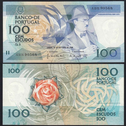 100 Escudos 1986 Fernando Pessoa 16/10/1986, 100$00 Cem Escudos 16/10/1986 Chapa:9 Banco de Portugal, (QNC), Pick 179a