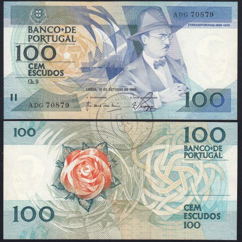 100 Escudos Fernando Pessoa 16.10.1986, One Hundred Escudos 16 october 1986 Plate 9 - Bank of Portugal, (QNC), Pick 179a