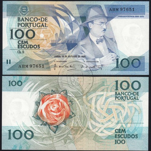 100 Escudos Fernando Pessoa 16.10.1986, One Hundred Escudos 16 october 1986 Plate 9 - Bank of Portugal, (NC), Pick 179a