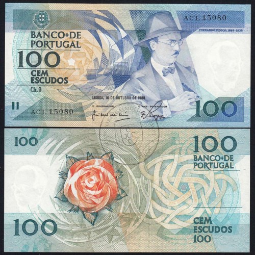 100 Escudos 1986 Fernando Pessoa 16/10/1986, 100$00 Cem Escudos 16/10/1986 Chapa:9 Banco de Portugal, (NC), Pick 179a