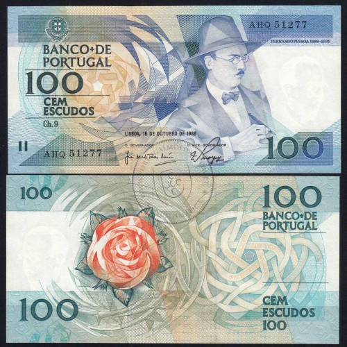 100 Escudos Fernando Pessoa 16.10.1986, One Hundred Escudos 16 october 1986 Plate 9 - Bank of Portugal, (NC), Pick 179a