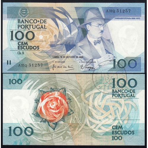 100 Escudos 1986 Fernando Pessoa 16/10/1986, 100$00 Cem Escudos 16/10/1986 Chapa:9 Banco de Portugal, (NC), Pick 179a