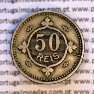 Copper-nickel coin of 50 réis 1900 of D. Carlos I, variant with stars flanking the date, with incuse letters ("A" 1900 "V").