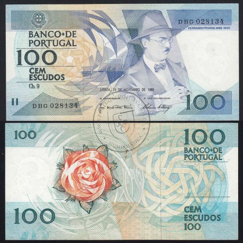 100 Escudos 1988 Fernando Pessoa 24/11/1988, 100$00 Cem Escudos 24/11/1988 Chapa:9 Banco de Portugal, (QNC), Pick 179f