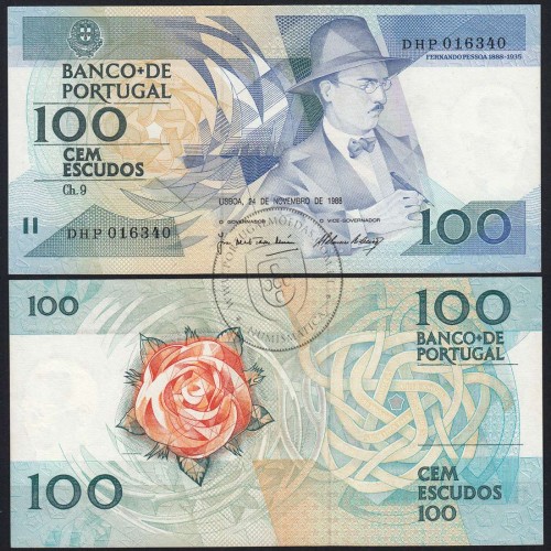100 Escudos Fernando Pessoa 24.11.1988, One Hundred Escudos 24 November 1988 Plate 9 - Bank of Portugal, (QNC), Pick 179f