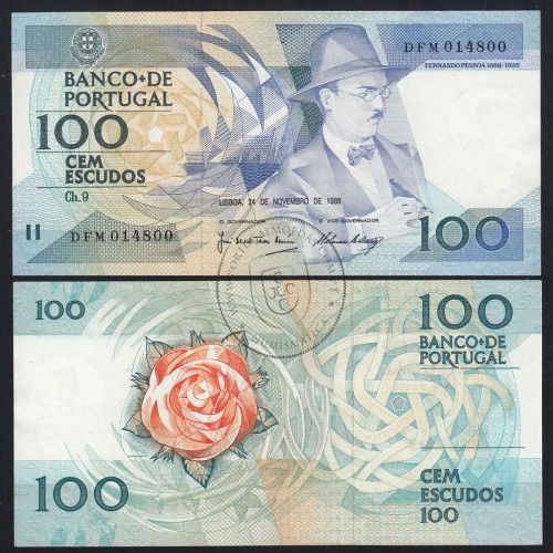 100 Escudos Fernando Pessoa 24.11.1988, One Hundred Escudos 24 November 1988 Plate 9 - Bank of Portugal, (QNC), Pick 179f