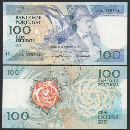 100 Escudos 1988 Fernando Pessoa 24/11/1988, 100$00 Cem Escudos 24/11/1988 Chapa:9 Banco de Portugal, (QNC), Pick 179f