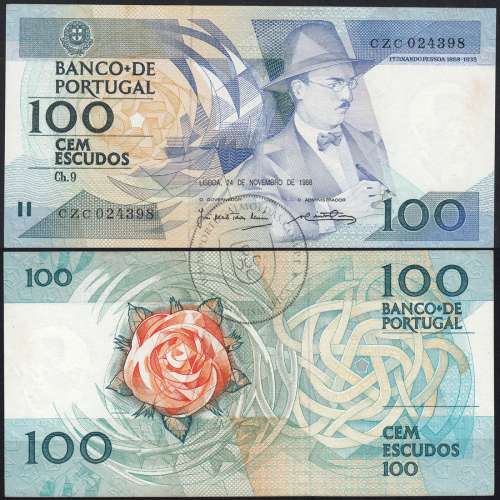 100 Escudos 1988 Fernando Pessoa 24/11/1988, 100$00 Cem Escudos 24/11/1988 Chapa:9 Banco de Portugal, (QNC), Pick 179f