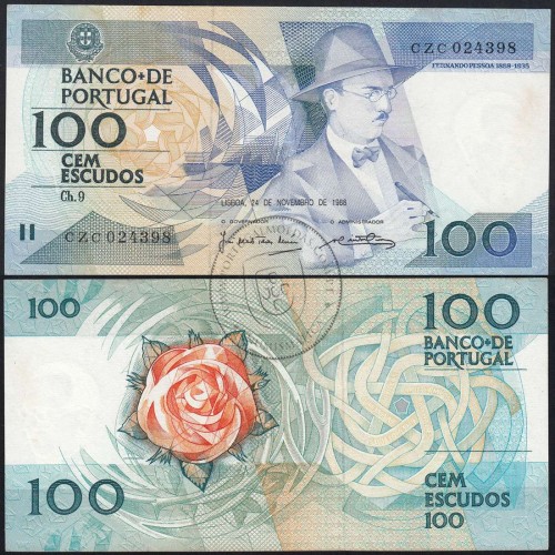 100 Escudos Fernando Pessoa 24.11.1988, One Hundred Escudos 24 November 1988 Plate 9 - Bank of Portugal, (QNC), Pick 179f