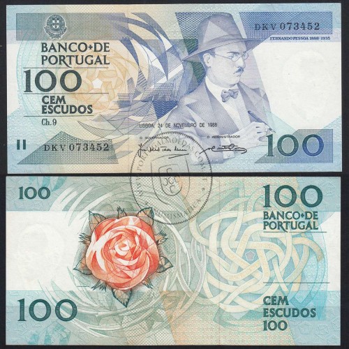 100 Escudos 1988 Fernando Pessoa 24/11/1988, 100$00 Cem Escudos 24/11/1988 Chapa:9 Banco de Portugal, (QNC), Pick 179f