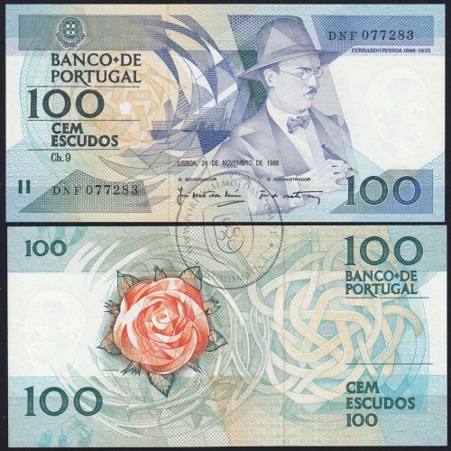 100 Escudos Fernando Pessoa 24.11.1988, One Hundred Escudos 24 November 1988 Plate 9 - Bank of Portugal, (QNC), Pick 179f