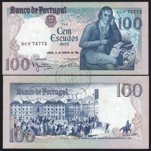 100 Escudos 1984 Bocage 31/01/1984, 100$00 Cem Escudos 31/01/1984 Chapa:8 Banco de Portugal, (NC c/ manchas), Pick 178c