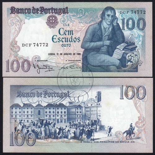 100 Escudos 1984 Bocage 31/01/1984, 100$00 Cem Escudos 31/01/1984 Chapa:8 Banco de Portugal, (NC c/ manchas), Pick 178c