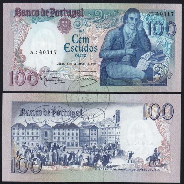100 Escudos 1980 Bocage 02/09/1980, 100$00 Cem Escudos 02/09/1980 Chapa:8 Banco de Portugal, (NC), Pick 178a