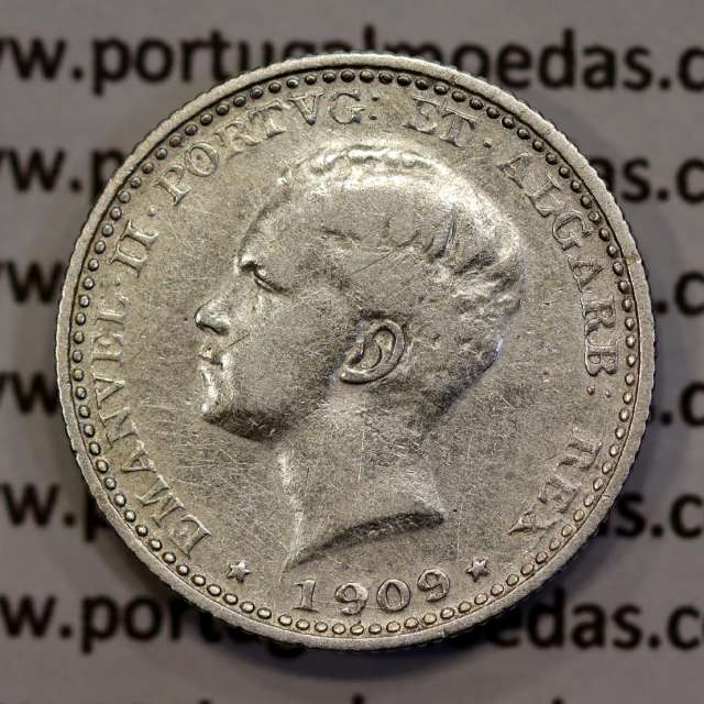 100 réis 1909 prata D. Manuel II, tostão prata 1909, (MBC), World Coins Portugal KM 548