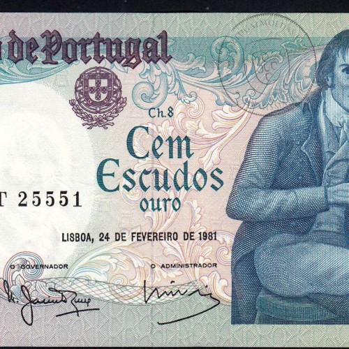 100 Escudos Bocage 24.02.1981, One Hundred Escudos 24 February 1981 Plate 8 - Bank of Portugal, (QNC), Pick 178b