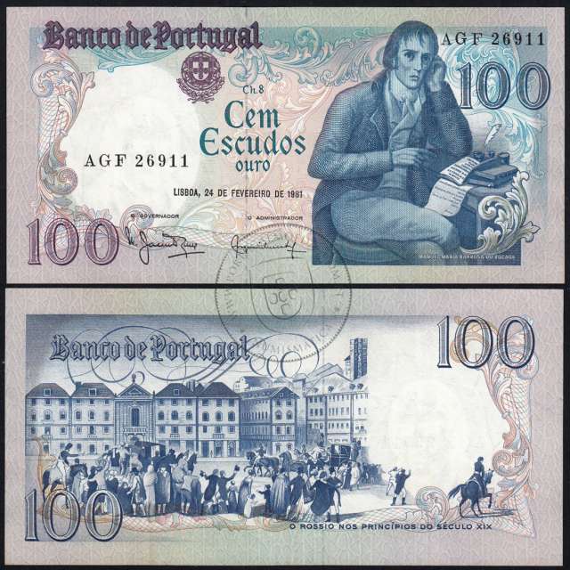 100 Escudos 1981 Bocage 24/02/1981, 100$00 Cem Escudos 24/02/1981 Chapa:8 Banco de Portugal, (PC), Pick 178b