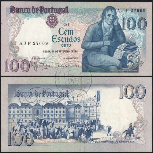 100 Escudos 1981 Bocage 24/02/1981, 100$00 Cem Escudos 24/02/1981 Chapa:8 Banco de Portugal, (PC), Pick 178b